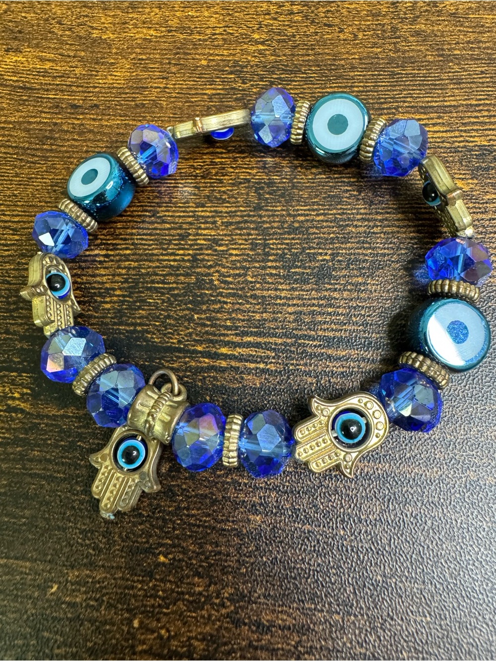 💚4/$20 Blue Faceted Glass Bead Stretch Bracelet with Hamsa Hand & Evil Eye Charm